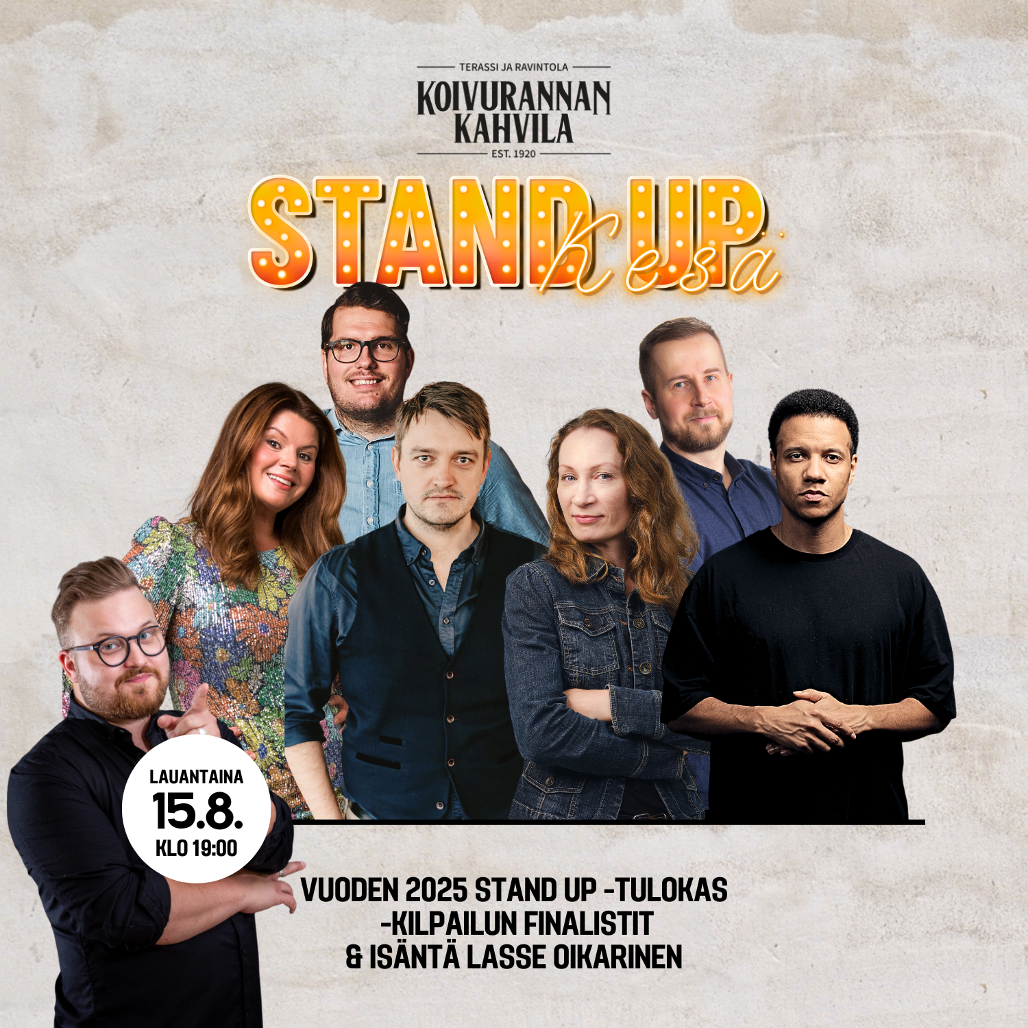 Vuoden 2025 Stand Up – tulokas -kilpailun finalistit & illan isäntä Lasse Oikarinen